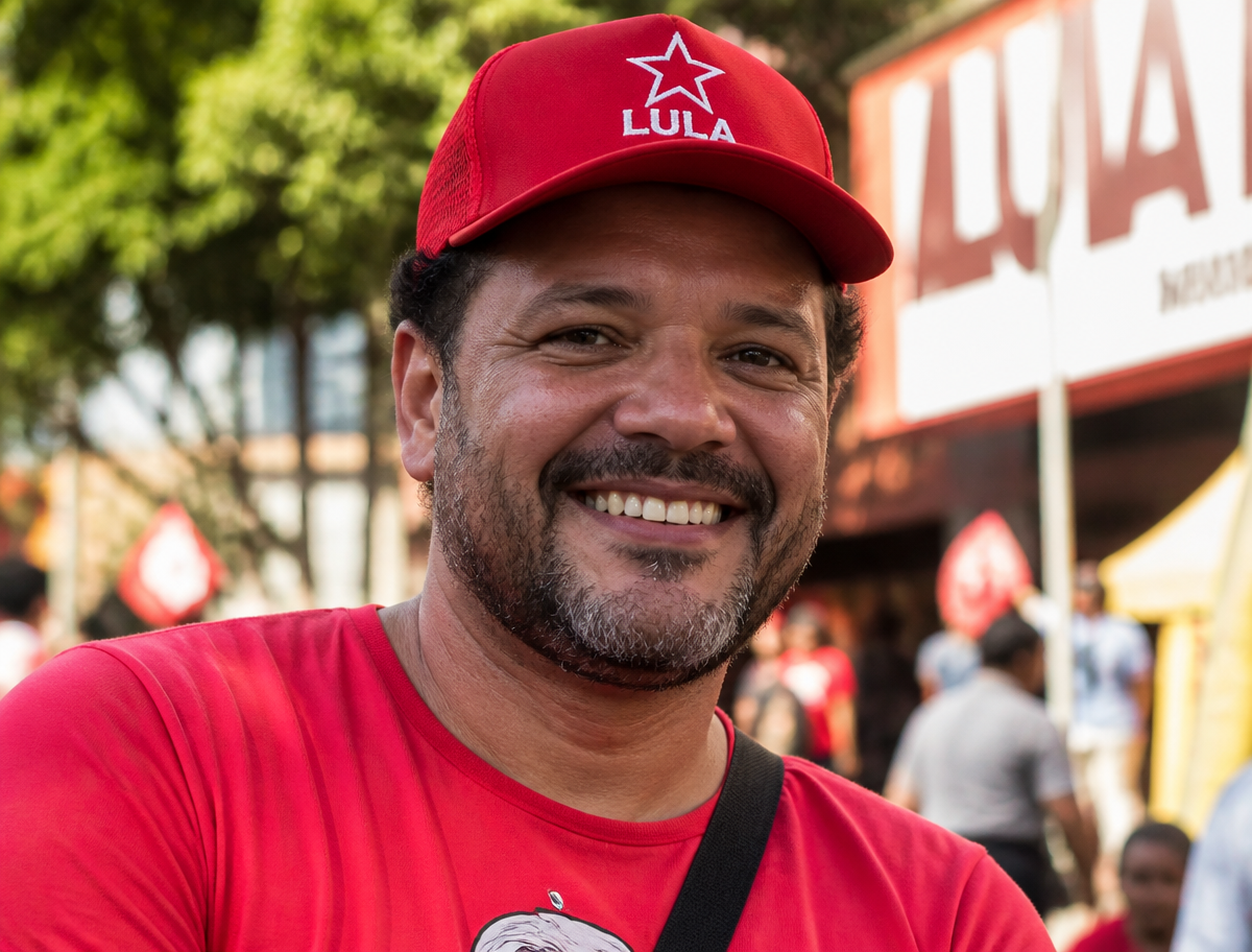 Pessoas usando o boné vermelho do Lula em um encontro